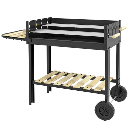 Outsunny - Charcoal Grill,Barbecue Trolley with Double Adjustable Grill, Side Table, Storage Shelf and Wheels, Black