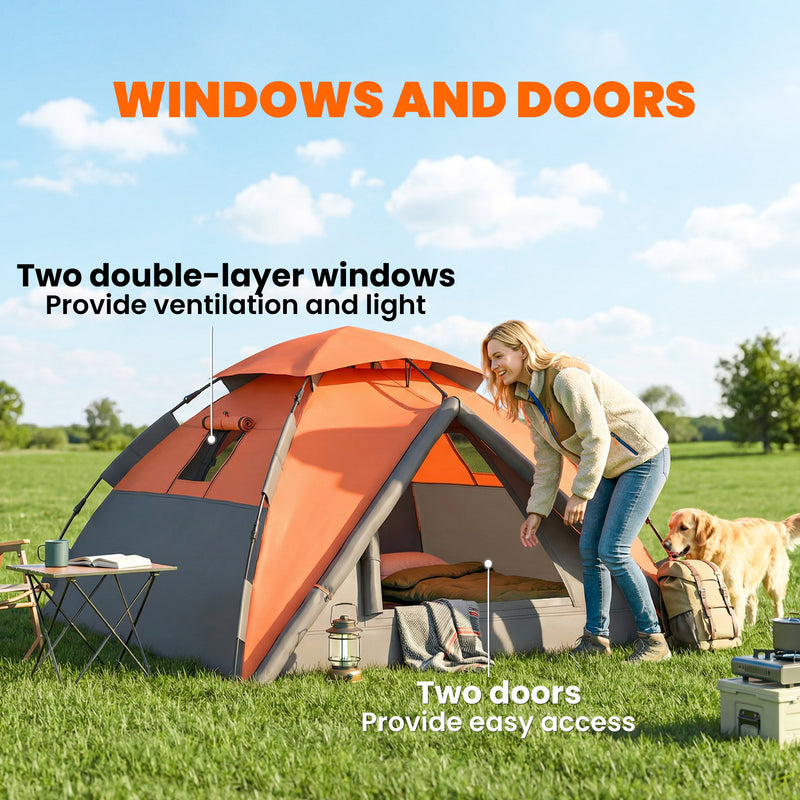 Outsunny - Pop up Camping Tent, 3-4 Man Family Tent, 3000mm Waterproof, with Carry Bag and Top Hook, Dark Grey and Orange