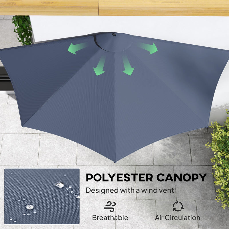 Outsunny - 9.8ft Half Umbrella Semi Round Patio Parasol with Crank Handle, Top Vent for Garden, Balcony - NO BASE INCLUDED, Dark Blue — 84D-008V00DB