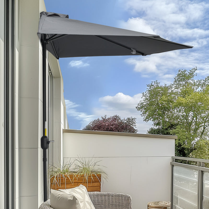 Outsunny - 9.8ft Half Umbrella Semi Round Patio Parasol with Crank Handle, Top Vent for Garden, Balcony - NO BASE INCLUDED, Grey — 84D-008GY
