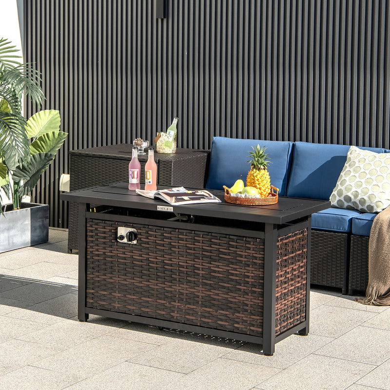 Costway - 45 Inch Propane Rattan Firepit Table with Glass Stones and Protective Cover-Mixed Brown