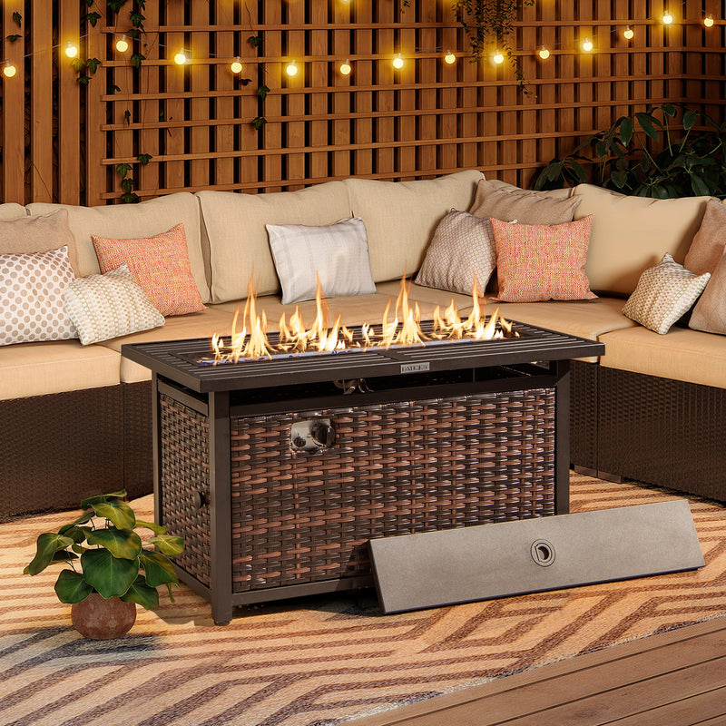 Costway - 45 Inch Propane Rattan Firepit Table with Glass Stones and Protective Cover-Mixed Brown