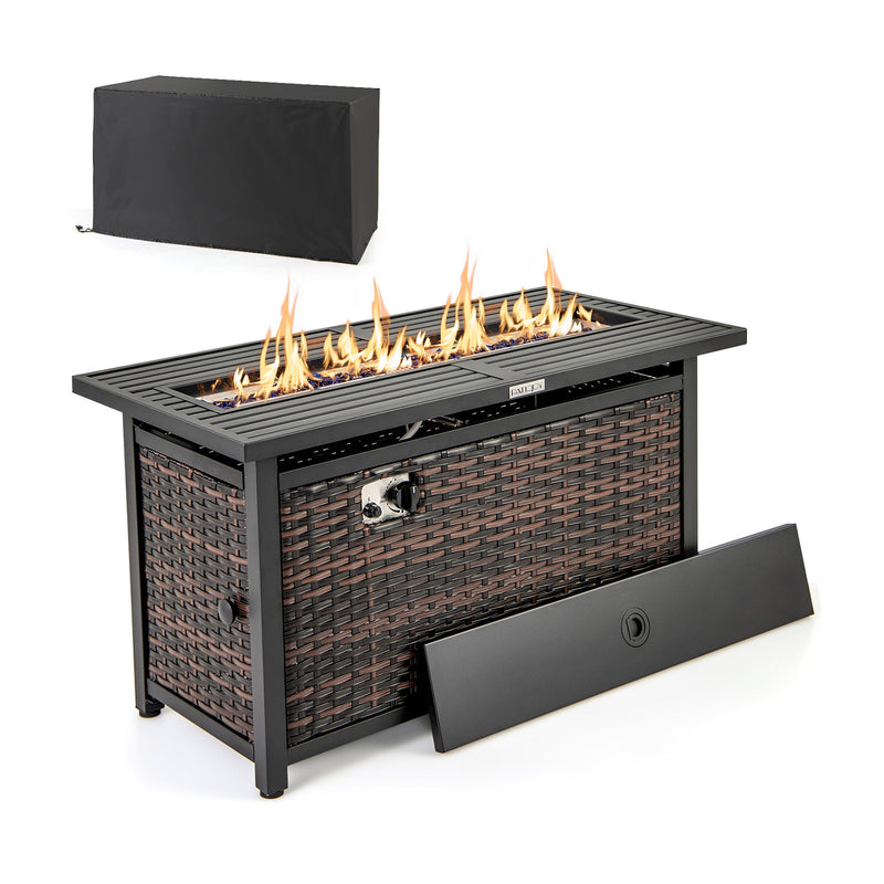 Costway - 45 Inch Propane Rattan Firepit Table with Glass Stones and Protective Cover-Mixed Brown