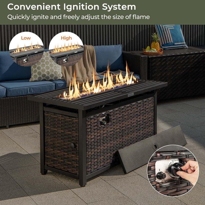 Costway - 45 Inch Propane Rattan Firepit Table with Glass Stones and Protective Cover-Mixed Brown