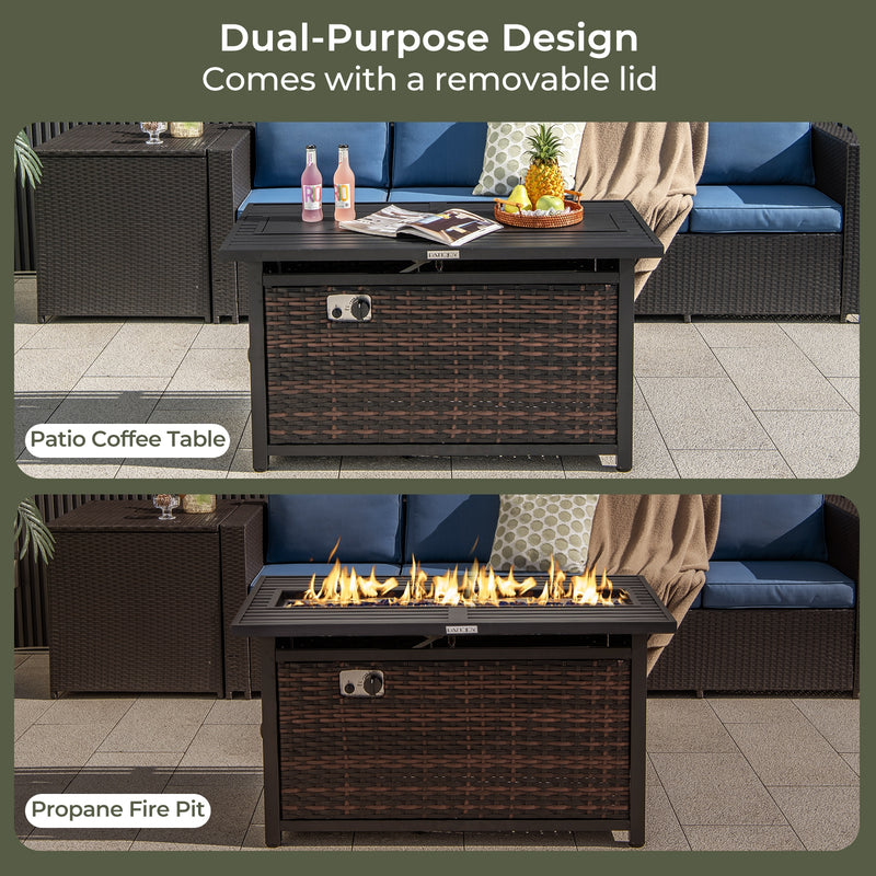 Costway - 45 Inch Propane Rattan Firepit Table with Glass Stones and Protective Cover-Mixed Brown