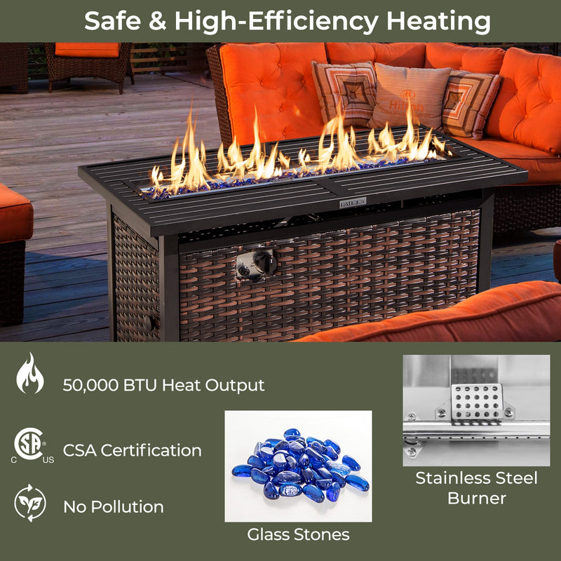 Costway - 45 Inch Propane Rattan Firepit Table with Glass Stones and Protective Cover-Mixed Brown