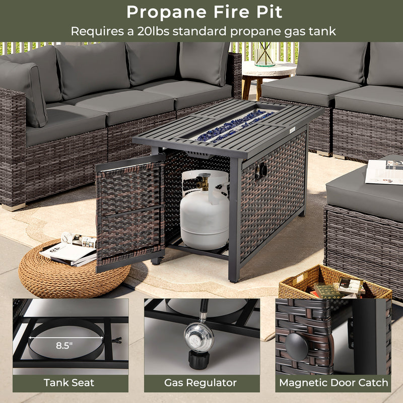 Costway - 45 Inch Propane Rattan Firepit Table with Glass Stones and Protective Cover-Mixed Brown