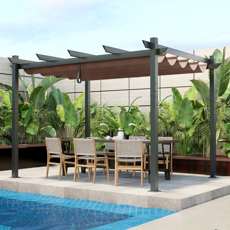Costway - 10 x 12 Feet Outdoor Aluminum Retractable Pergola Canopy Shelter Grape Trellis-Coffee