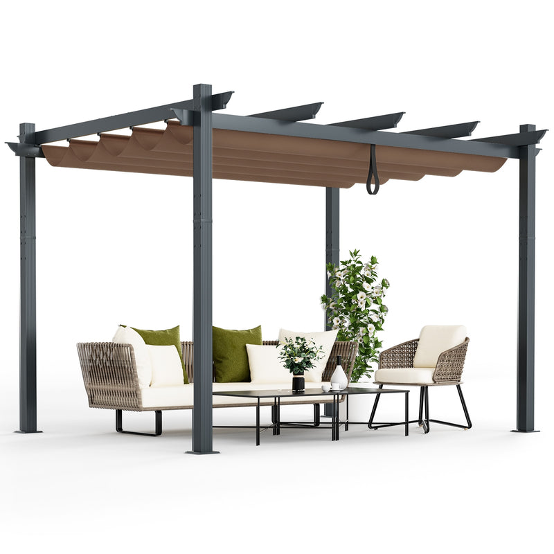 Costway - 10 x 12 Feet Outdoor Aluminum Retractable Pergola Canopy Shelter Grape Trellis-Coffee