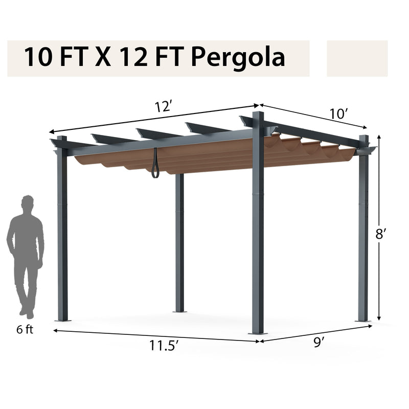 Costway - 10 x 12 Feet Outdoor Aluminum Retractable Pergola Canopy Shelter Grape Trellis-Coffee