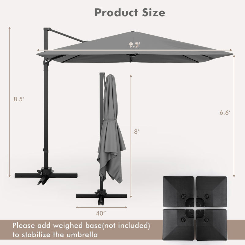Costway - 9.5 Feet Square Patio Cantilever Umbrella with 360° Rotation-Gray