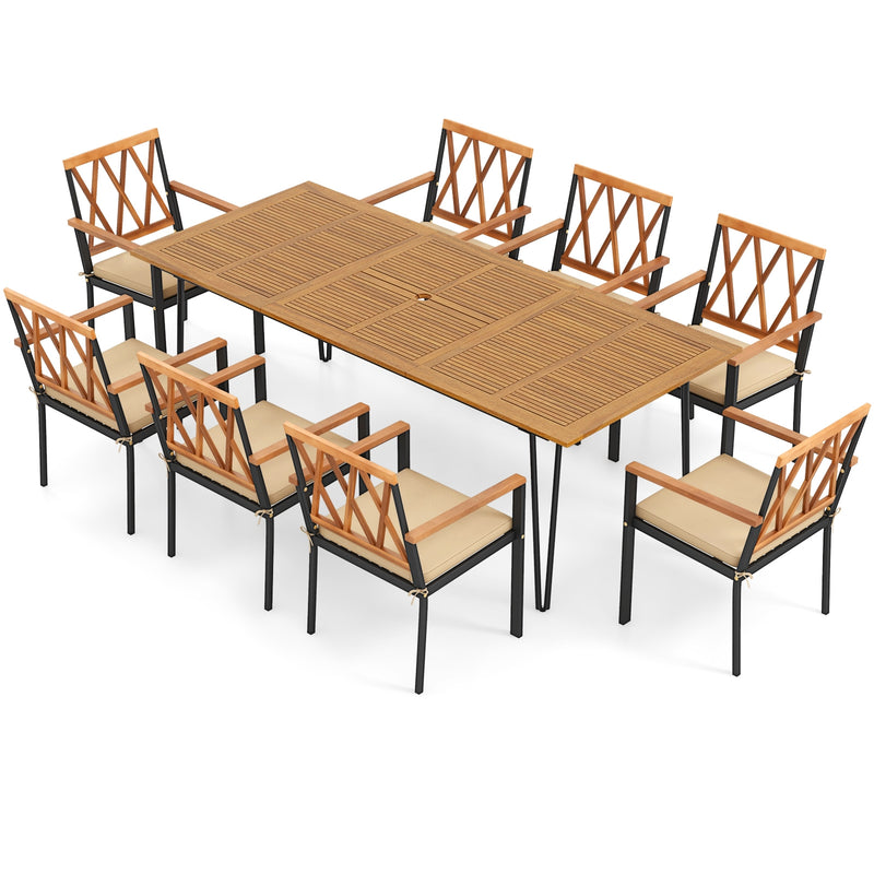 Costway - Acacia Wood Outdoor Furniture Set 9 Pieces Patio Dining Set with 8 Chairs