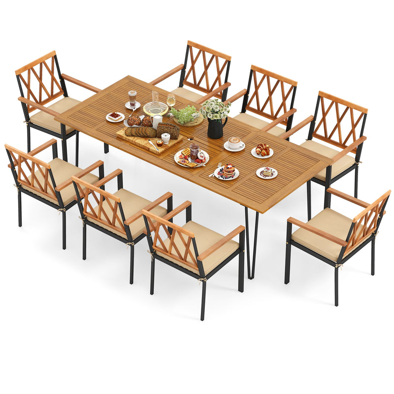 Costway - Acacia Wood Outdoor Furniture Set 9 Pieces Patio Dining Set with 8 Chairs