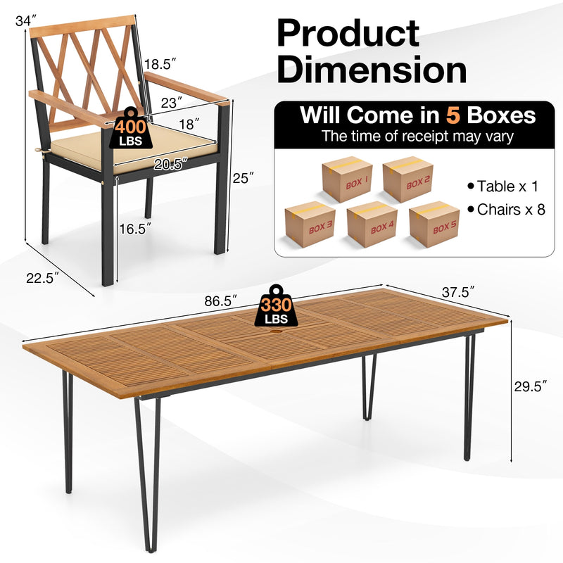 Costway - Acacia Wood Outdoor Furniture Set 9 Pieces Patio Dining Set with 8 Chairs