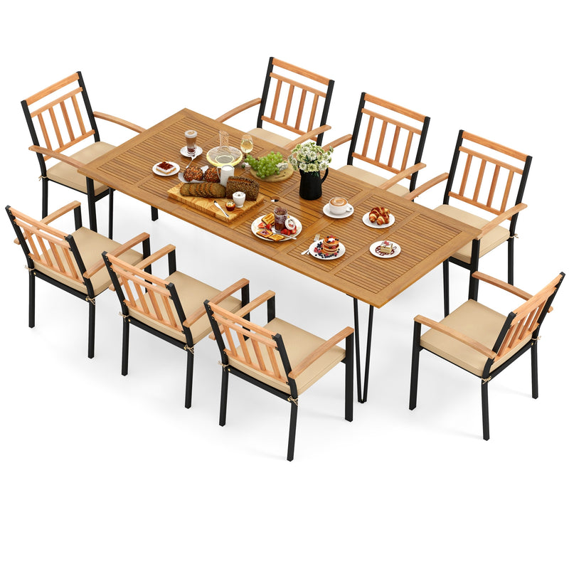 Costway - 9 Pieces Patio Dining Outdoor Furniture Set with 8 Chairs and Umbrella Hole