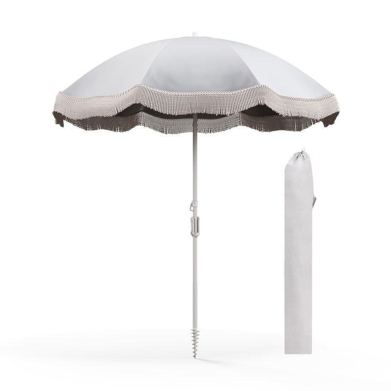 Costway - 6.5 FT Beach Umbrella with Fringe Outdoor Tassel Umbrella with Push Button Tilt-White