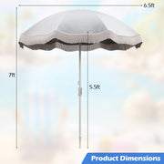 Costway - 6.5 FT Beach Umbrella with Fringe Outdoor Tassel Umbrella with Push Button Tilt-White