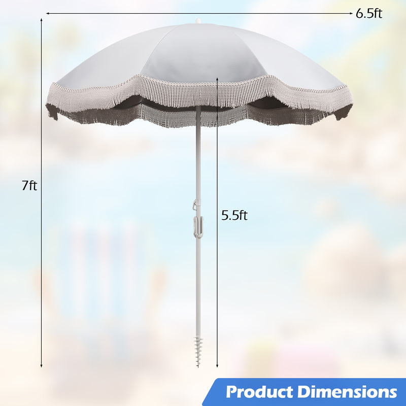 Costway - 6.5 FT Beach Umbrella with Fringe Outdoor Tassel Umbrella with Push Button Tilt-White