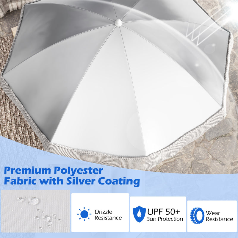 Costway - 6.5 FT Beach Umbrella with Fringe Outdoor Tassel Umbrella with Push Button Tilt-White