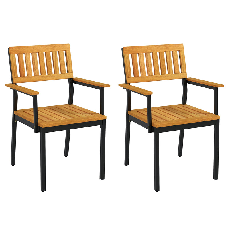 Costway - Patio Outdoor Dining Chair Set of 2 with Metal and Acacia Wood Frame