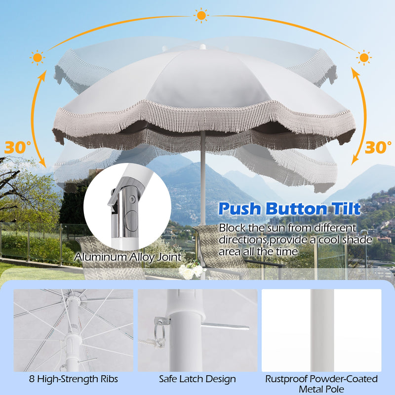 Costway - 6.5 FT Beach Umbrella with Fringe Outdoor Tassel Umbrella with Push Button Tilt-White