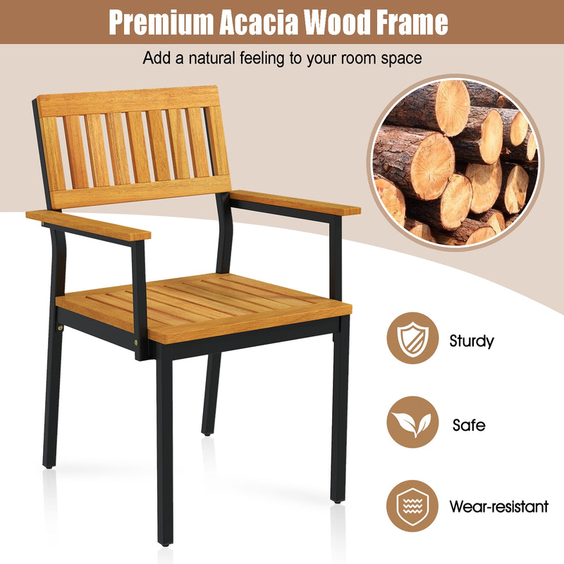 Costway - Patio Outdoor Dining Chair Set of 2 with Metal and Acacia Wood Frame