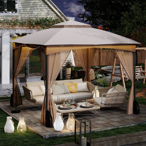 Costway - 10 X 10 FT Heavy-Duty Patio Gazebo with Netting Walls and 4 Sandbags-Khaki
