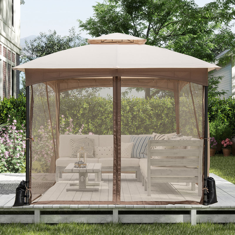 Costway - 10 X 10 FT Heavy-Duty Patio Gazebo with Netting Walls and 4 Sandbags-Khaki