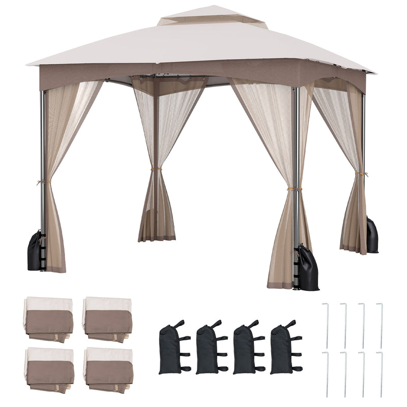 Costway - 10 X 10 FT Heavy-Duty Patio Gazebo with Netting Walls and 4 Sandbags-Khaki
