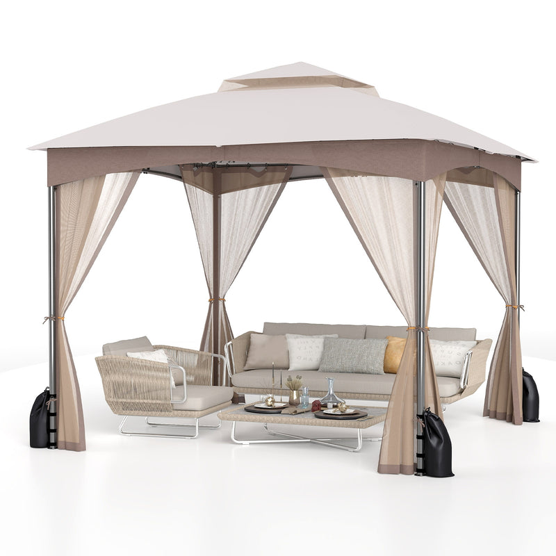 Costway - 10 X 10 FT Heavy-Duty Patio Gazebo with Netting Walls and 4 Sandbags-Khaki