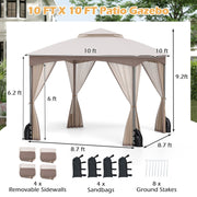 Costway - 10 X 10 FT Heavy-Duty Patio Gazebo with Netting Walls and 4 Sandbags-Khaki