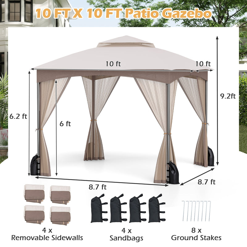 Costway - 10 X 10 FT Heavy-Duty Patio Gazebo with Netting Walls and 4 Sandbags-Khaki