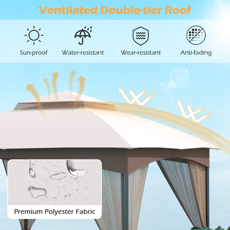 Costway - 10 X 10 FT Heavy-Duty Patio Gazebo with Netting Walls and 4 Sandbags-Khaki