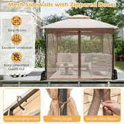 Costway - 10 X 10 FT Heavy-Duty Patio Gazebo with Netting Walls and 4 Sandbags-Khaki