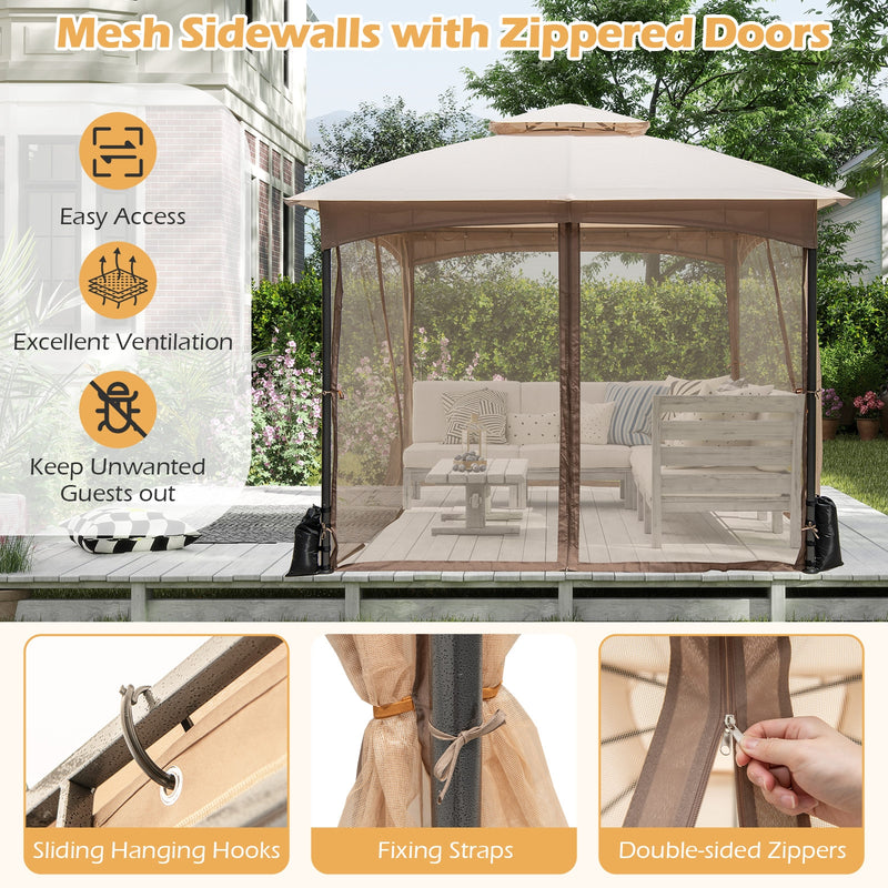 Costway - 10 X 10 FT Heavy-Duty Patio Gazebo with Netting Walls and 4 Sandbags-Khaki