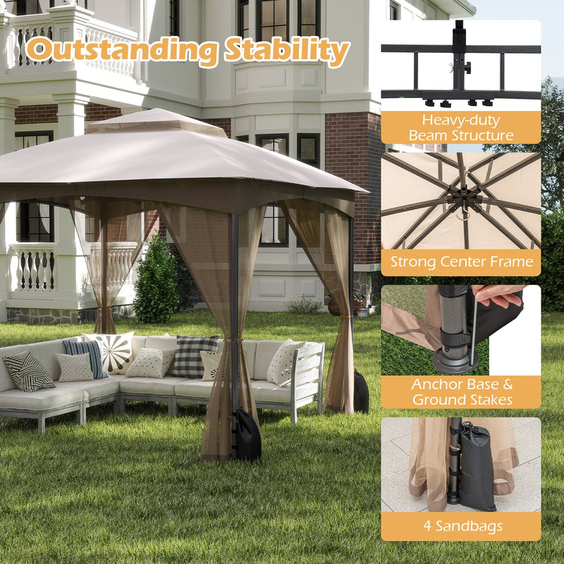Costway - 10 X 10 FT Heavy-Duty Patio Gazebo with Netting Walls and 4 Sandbags-Khaki