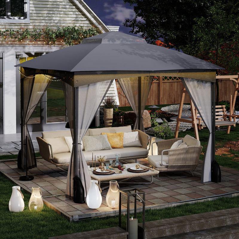 Costway - 10 X 10 FT Heavy-Duty Patio Gazebo with Netting Walls and 4 Sandbags-Gray