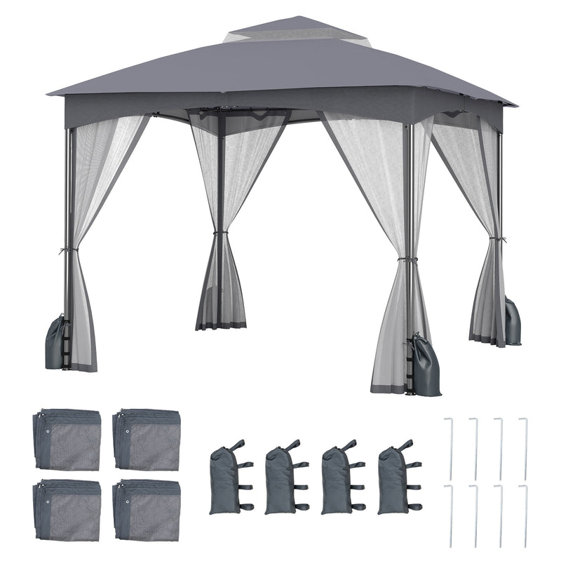 Costway - 10 X 10 FT Heavy-Duty Patio Gazebo with Netting Walls and 4 Sandbags-Gray