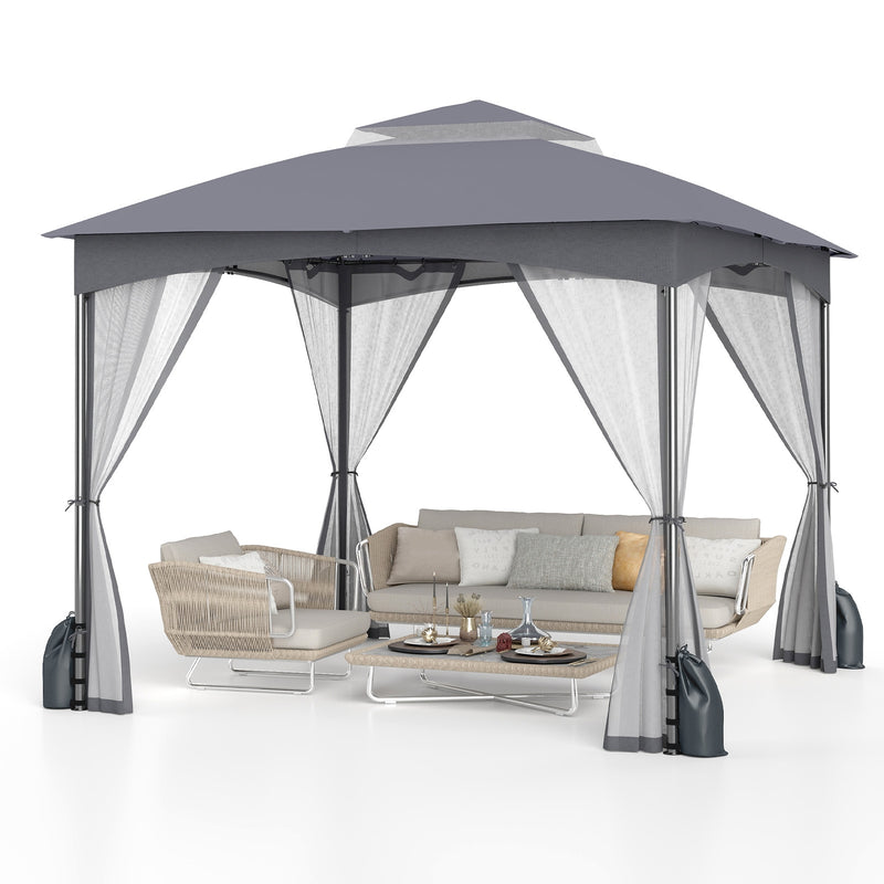Costway - 10 X 10 FT Heavy-Duty Patio Gazebo with Netting Walls and 4 Sandbags-Gray