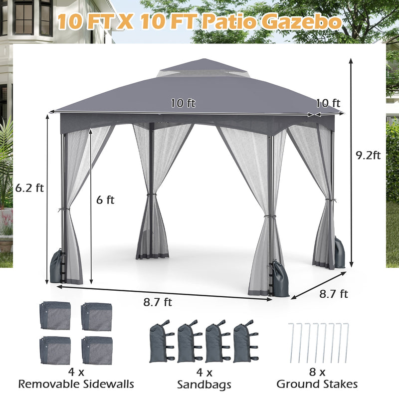 Costway - 10 X 10 FT Heavy-Duty Patio Gazebo with Netting Walls and 4 Sandbags-Gray