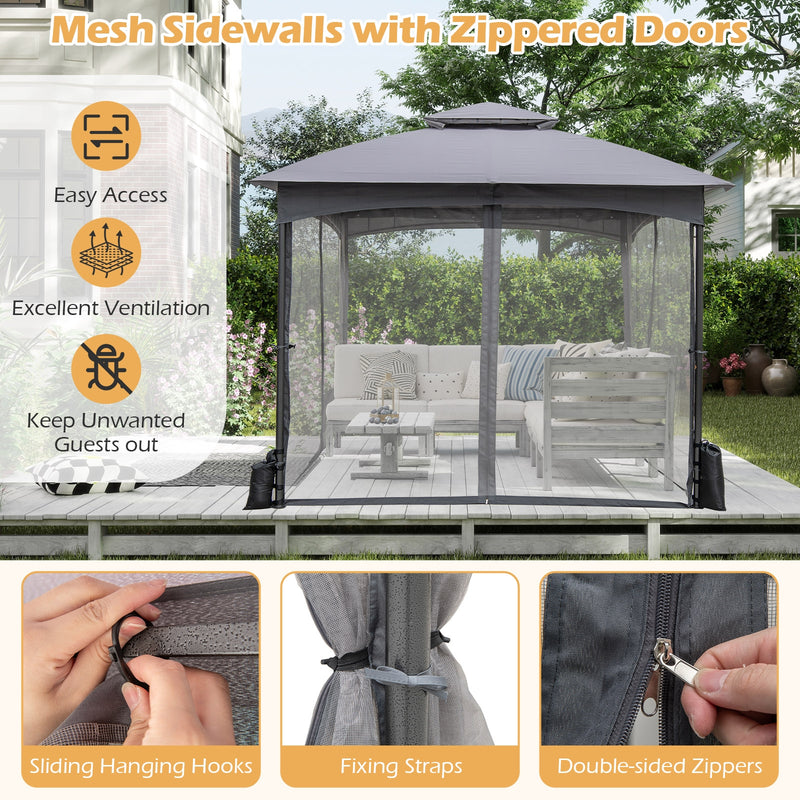 Costway - 10 X 10 FT Heavy-Duty Patio Gazebo with Netting Walls and 4 Sandbags-Gray
