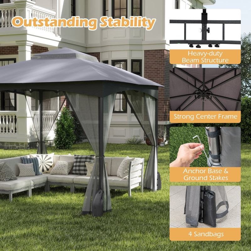 Costway - 10 X 10 FT Heavy-Duty Patio Gazebo with Netting Walls and 4 Sandbags-Gray