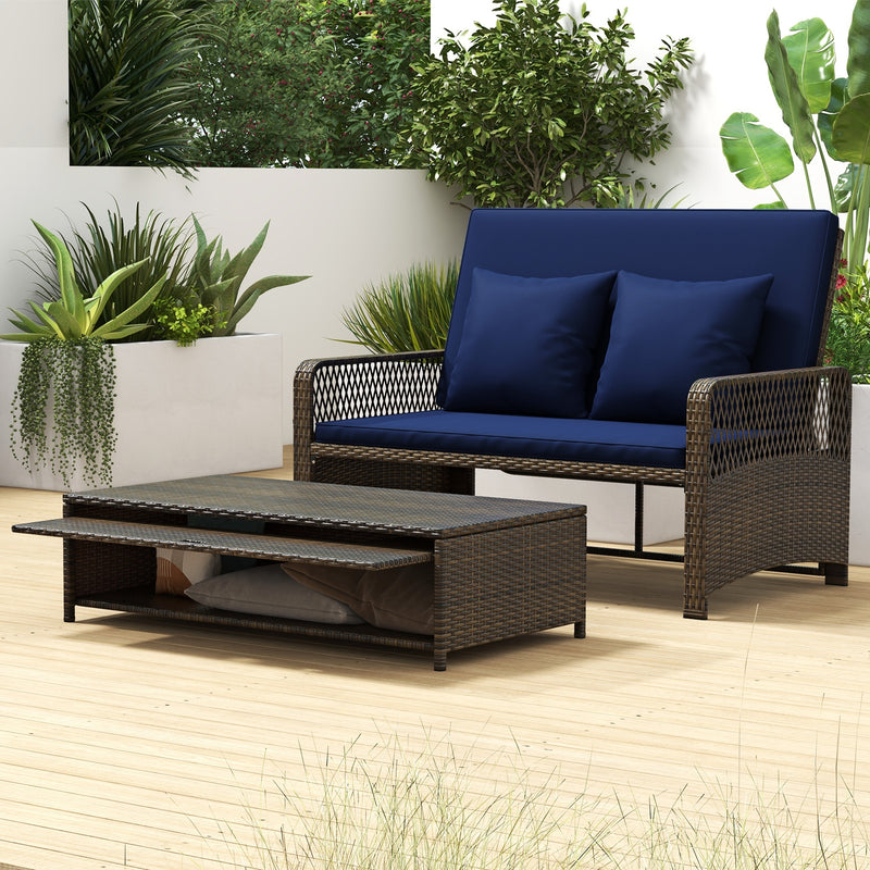 Costway - Patio Adjustable Wicker Daybed with 4-Level Backrest and Soft Cushions-Navy