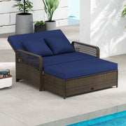 Costway - Patio Adjustable Wicker Daybed with 4-Level Backrest and Soft Cushions-Navy