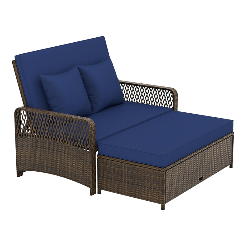 Costway - Patio Adjustable Wicker Daybed with 4-Level Backrest and Soft Cushions-Navy