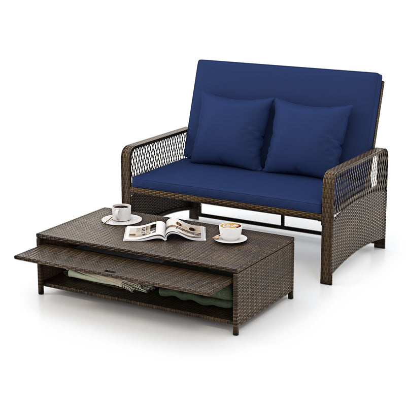Costway - Patio Adjustable Wicker Daybed with 4-Level Backrest and Soft Cushions-Navy