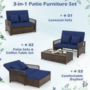 Costway - Patio Adjustable Wicker Daybed with 4-Level Backrest and Soft Cushions-Navy