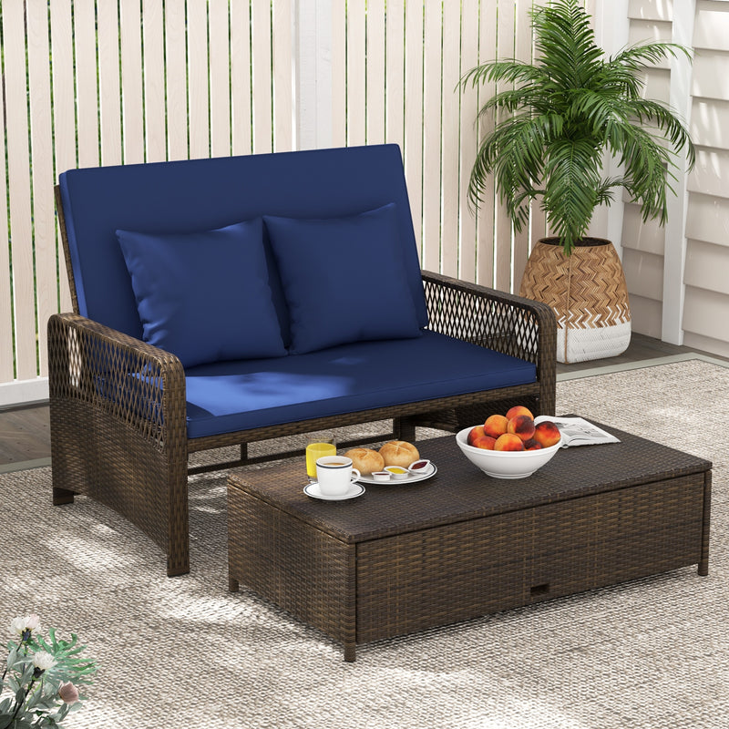Costway - Patio Adjustable Wicker Daybed with 4-Level Backrest and Soft Cushions-Navy