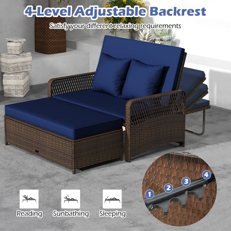 Costway - Patio Adjustable Wicker Daybed with 4-Level Backrest and Soft Cushions-Navy