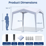 Costway - Pop up Canopy Tent with Portable Wheeled Bag 8 Stakes 4 Wind Ropes-White